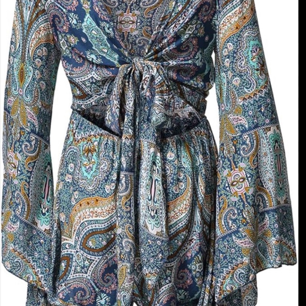 Boho Paisley Tie-Front Romper in Navy and Teal